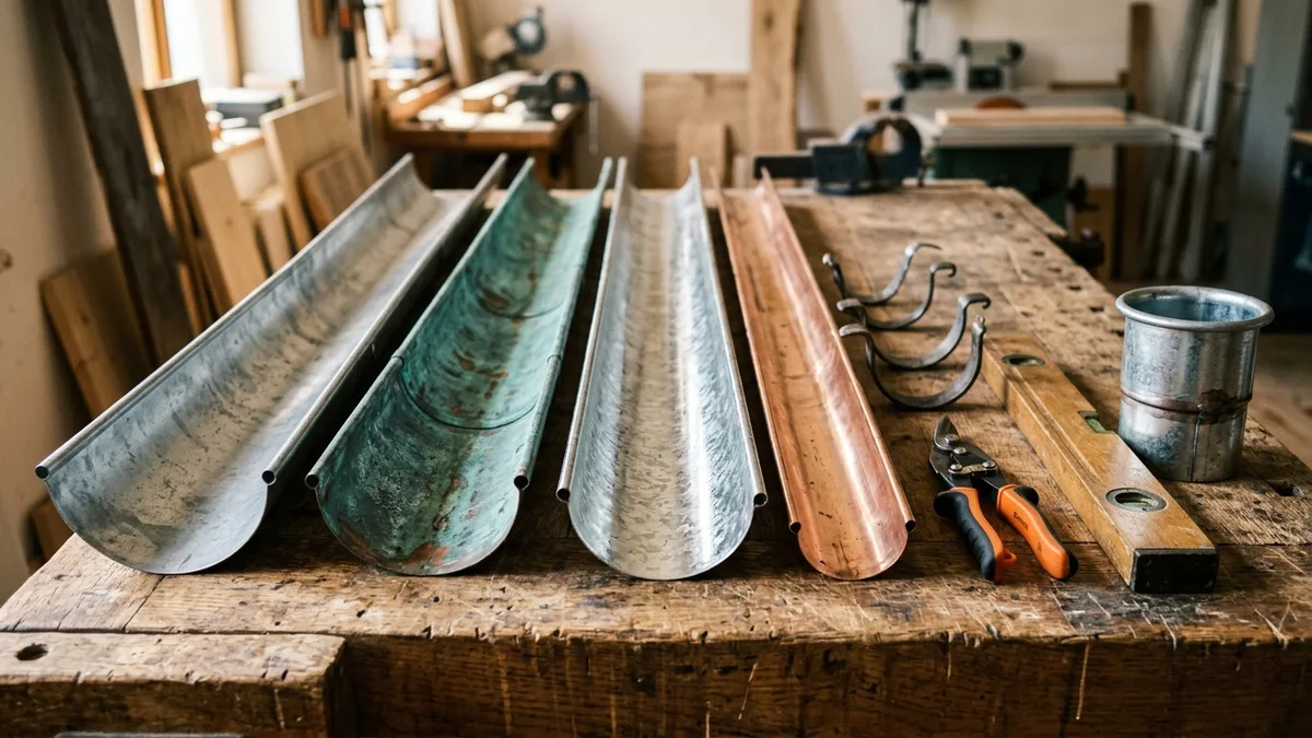 Detail klempířských profilů okapových žlabů RŠ 333 mm z titanzinku, mědi a pozinku se žlabovými háky a kotlíkem
